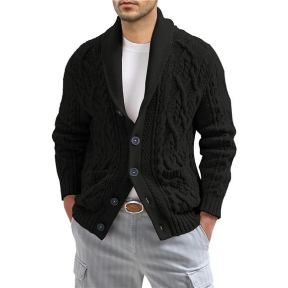 YAOBAOLE Men's Shawl Collar Cable Knit Cardigan - Chunky Winter Sweater With Button Closure